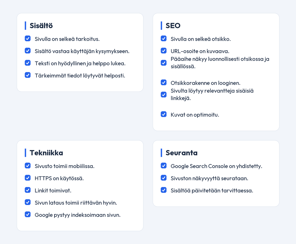 Hakukoneoptimoinnin tarkistuslista yrityksen verkkosivuille