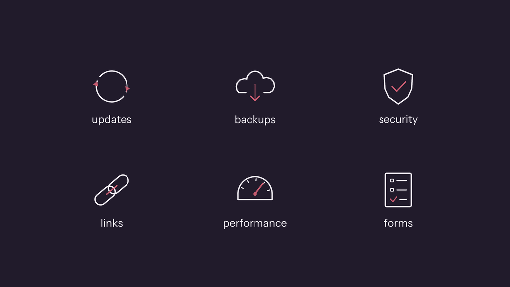 Website maintenance tasks including updates, backups, security, links, performance and formsWebsite maintenance tasks including updates, backups, security, links, performance and forms